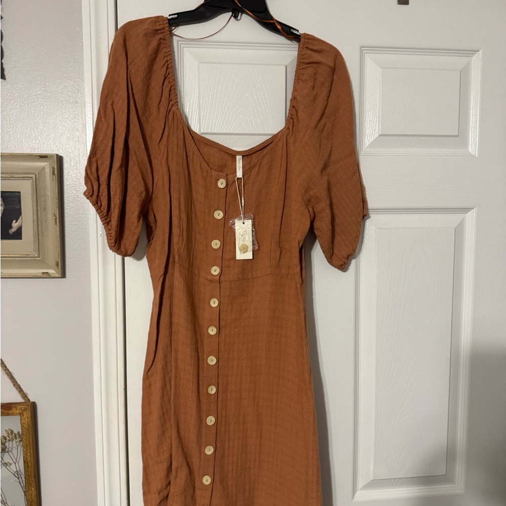Rylee + Cru Terracotta Button-Front Midi Dress